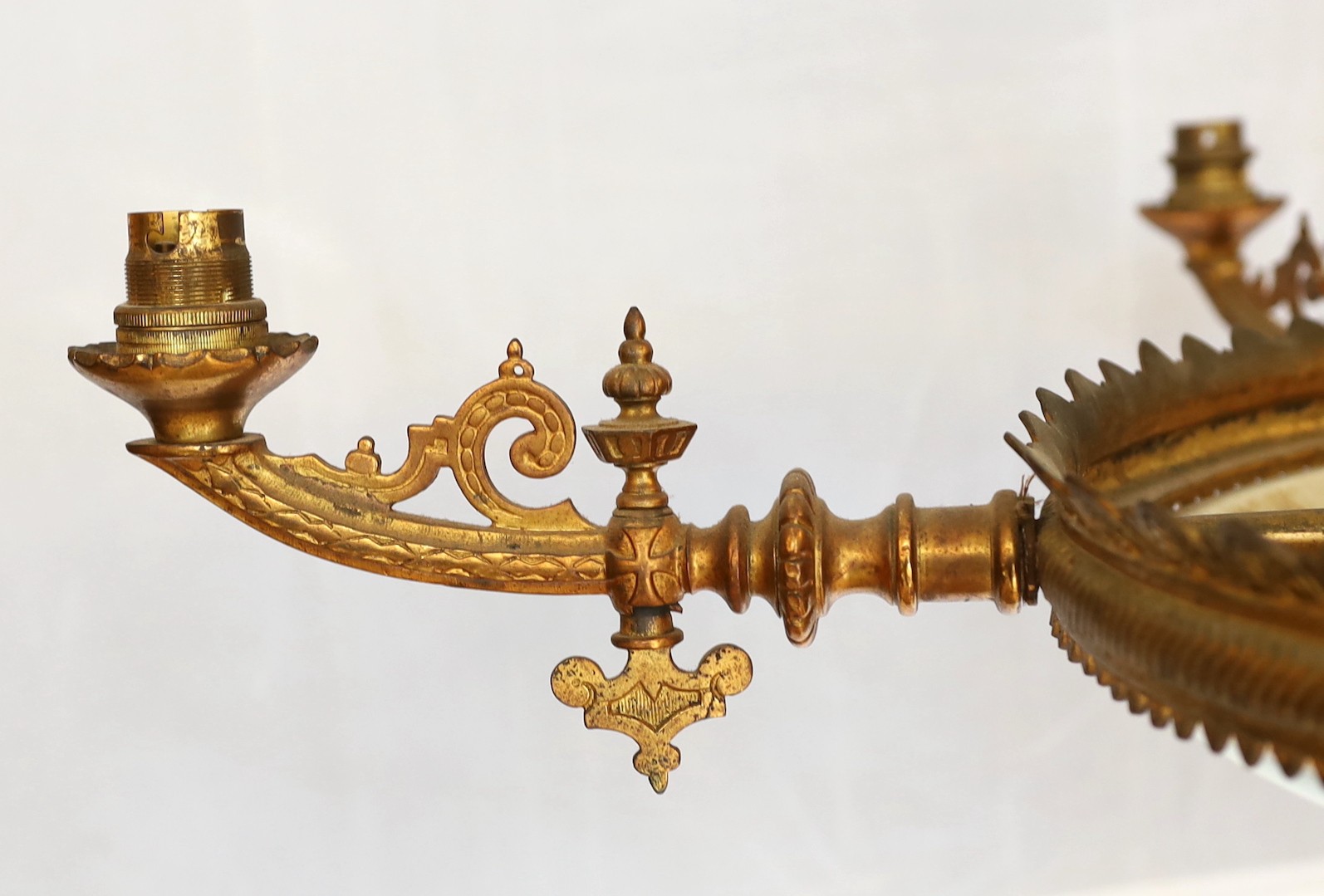 A Victorian ormolu mounted Doulton faience gasolier decorated with orchids on a bleu celeste ground, converted to electricity, drop 60cm. width 80 cm
